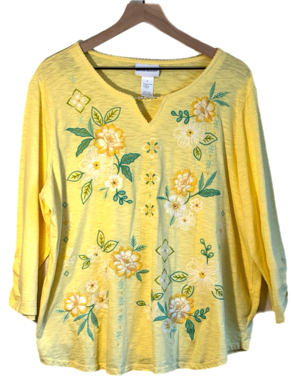Alfred Dunner Embroidered Floral Long Sleeve Top Yellow XL Garden Cottagecore